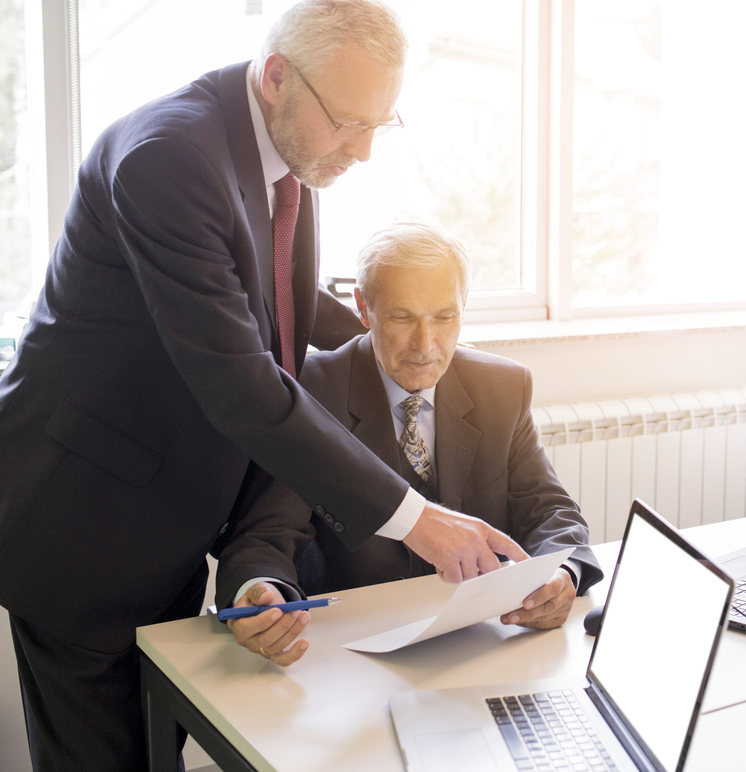 two mature businessman discussing business project office